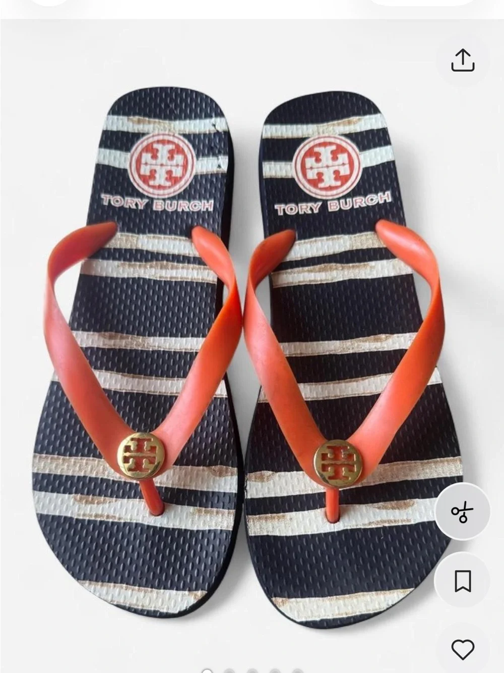 Tory Burch Kids Navy & White Stripe Flip Flops with Coral Straps Size 8